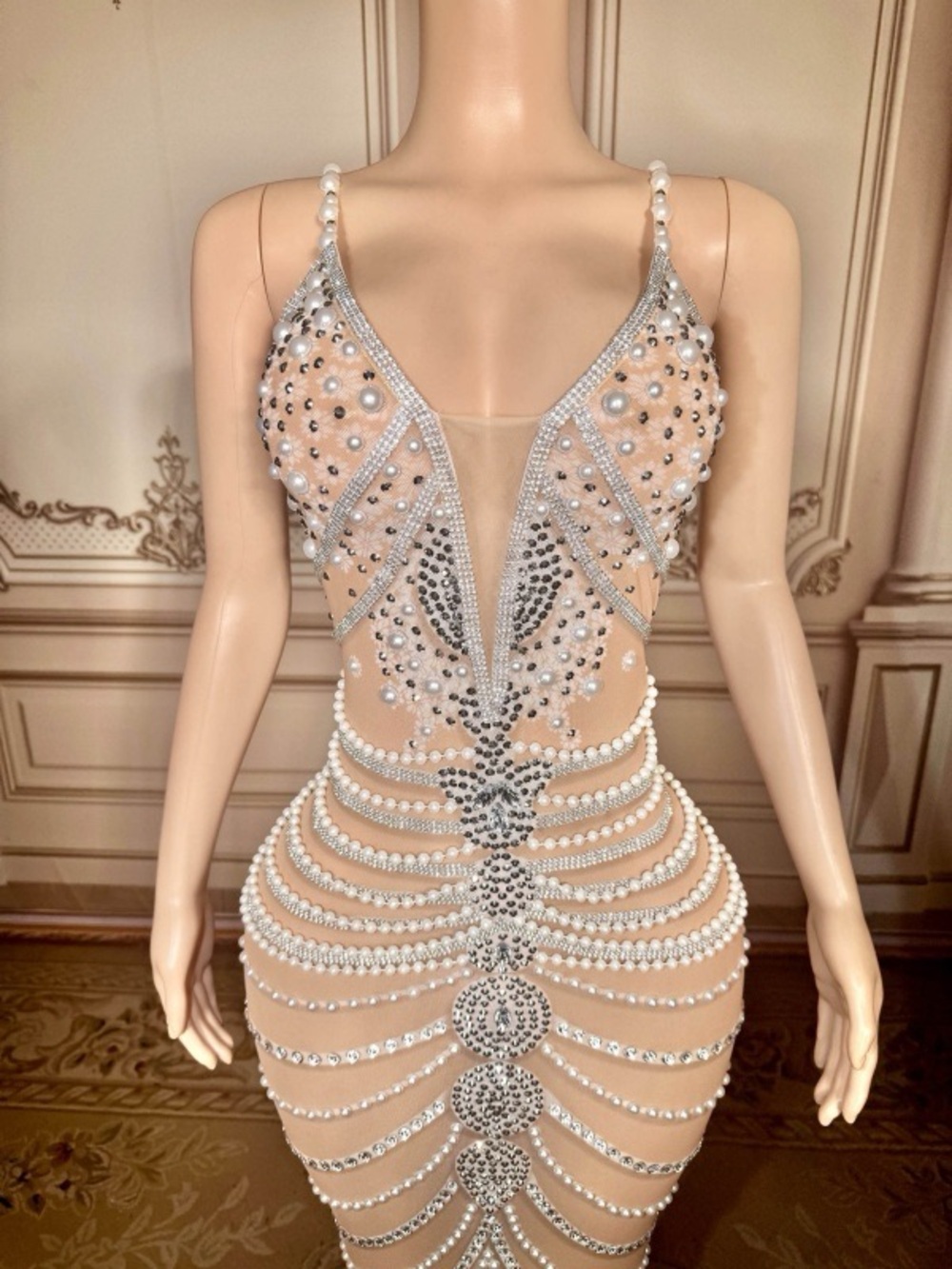 Strapless Nude Crystal & Pearl Embellished Bodycon Dress